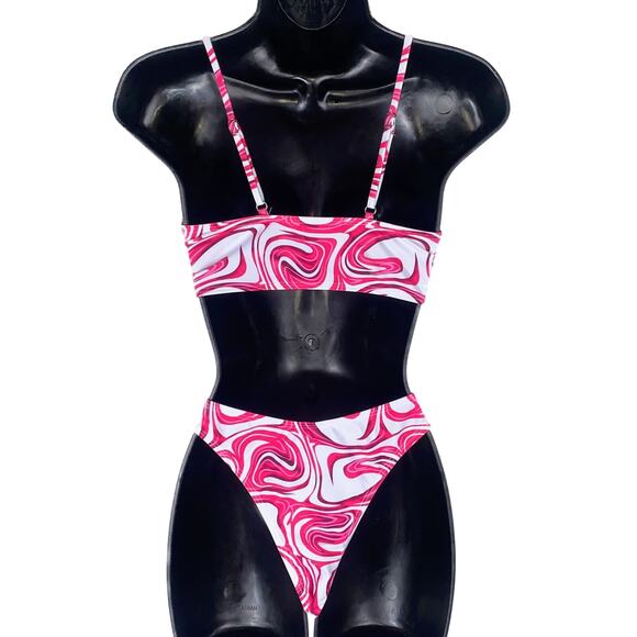 New Small Hot Pink Swirl Bikini O Ring Triangle Padded Top Swimsuit Y2k‎ 90s - Picture 4 of 4